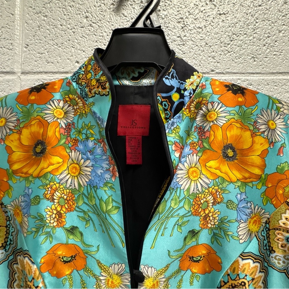 JS Collections 100% Silk Asian Floral Jacket‎ Women’s US 8 Mandarin Collar